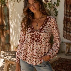 Savanna Jane 1X Orange Mosaic Boho Embroidered V-Neck Peasant Top Flowy Feminine
